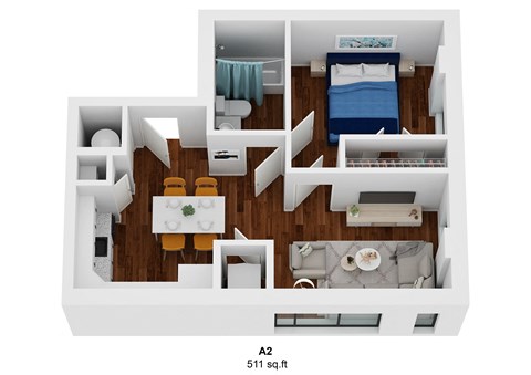 a stylized 3d floor plan with a bedroom and living room